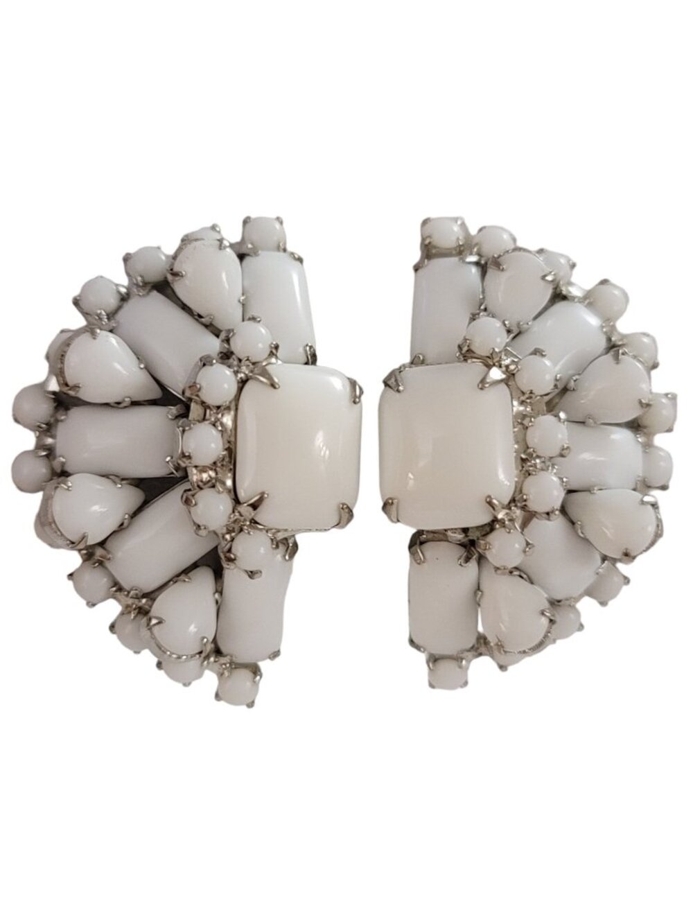 Warner White Cluster Round Square Milk Glass Half Moon Clip On Earrings, K985